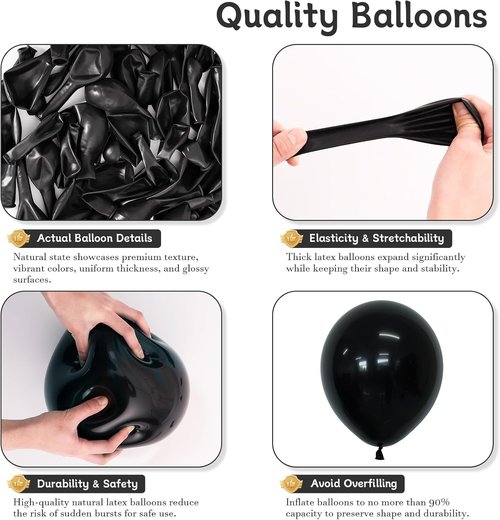 Black Balloons 125 Pcs - Latex Balloons Arch Kit for Birthday, Graduation & Halloween Decor | 5-12 Inch Sizes