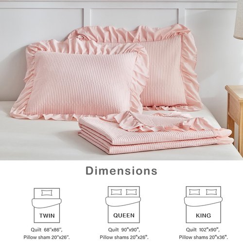 Flysheep Pink Ruffle Quilt Set Twin Size, 2 Pieces Shabby Chic Farmhouse Striped Bedspread Coverlet Set, Solid Lightweight Soft Microfiber Bed Cover for Kids (1 Ruffled Quilt + 1 Pillow Sham)