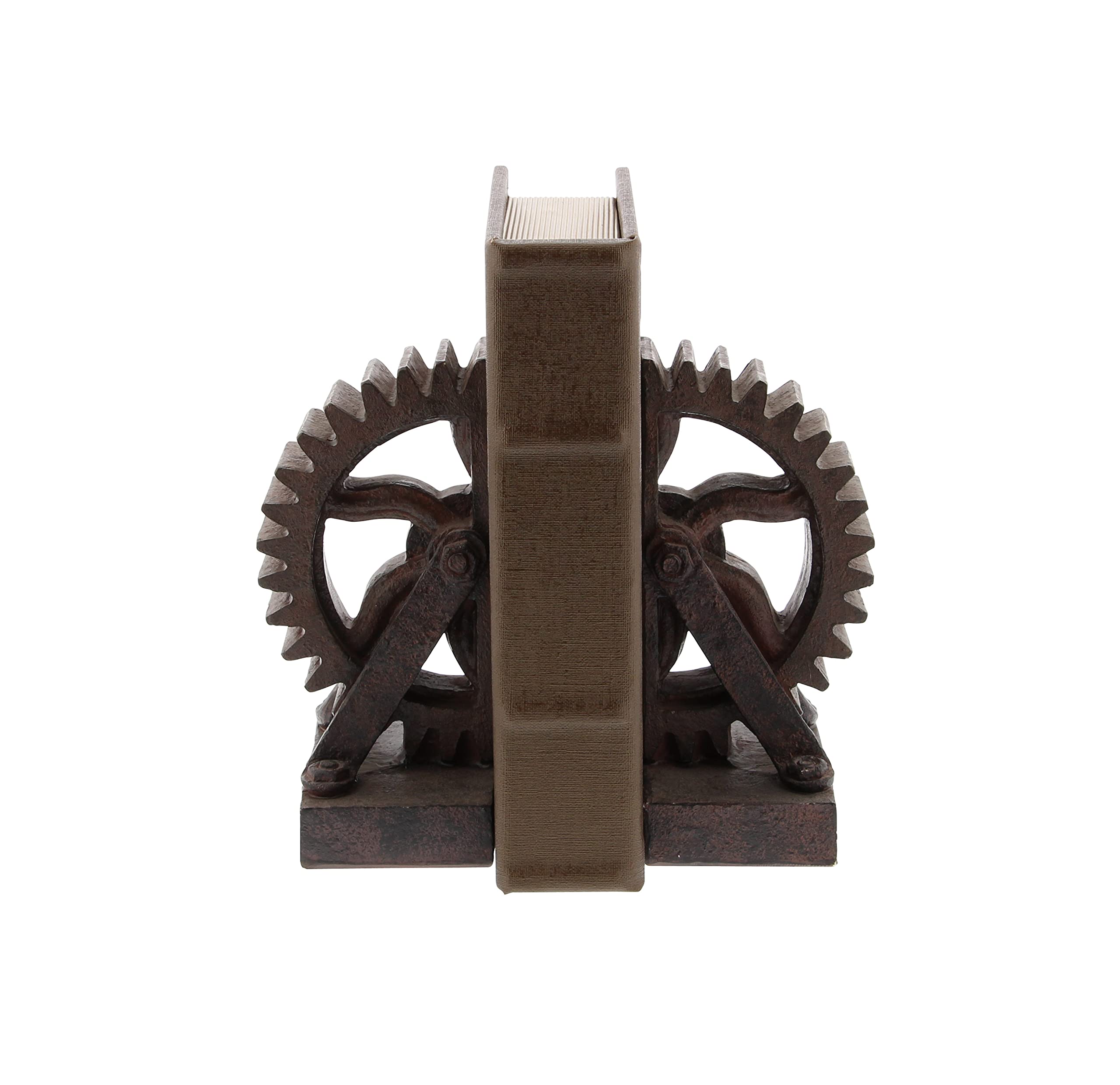 Deco 79 Polystone Decorative Bookends Gear Non Skid Bookends, Set of 2 Office Bookends5"W, 7"H, Brown