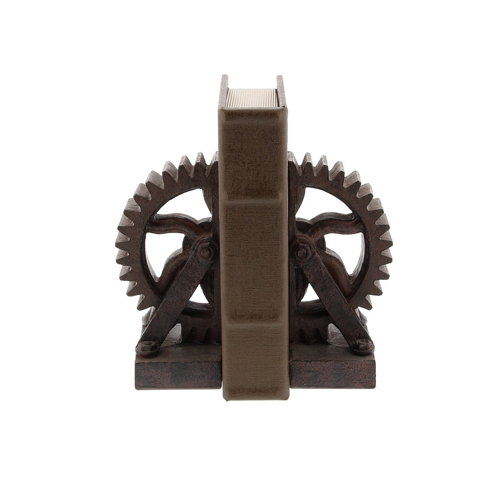 Deco 79 Polystone Decorative Bookends Gear Non Skid Bookends, Set of 2 Office Bookends5"W, 7"H, Brown