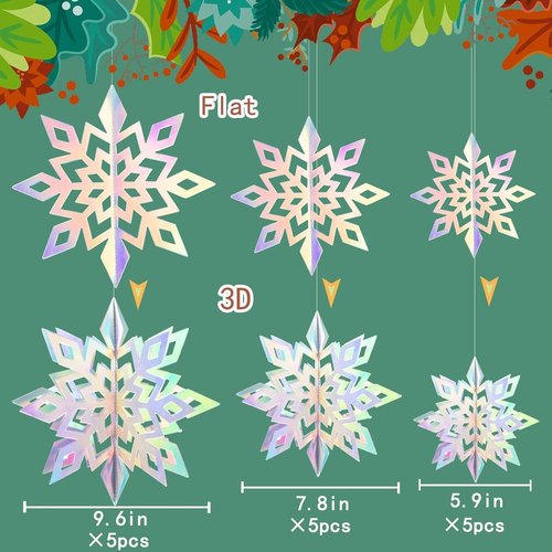 GuassLee 3D Iridescent Paper Snowflakes - 15PCS Winter Wonderland Decorations | Perfect for Christmas & Birthday Parties