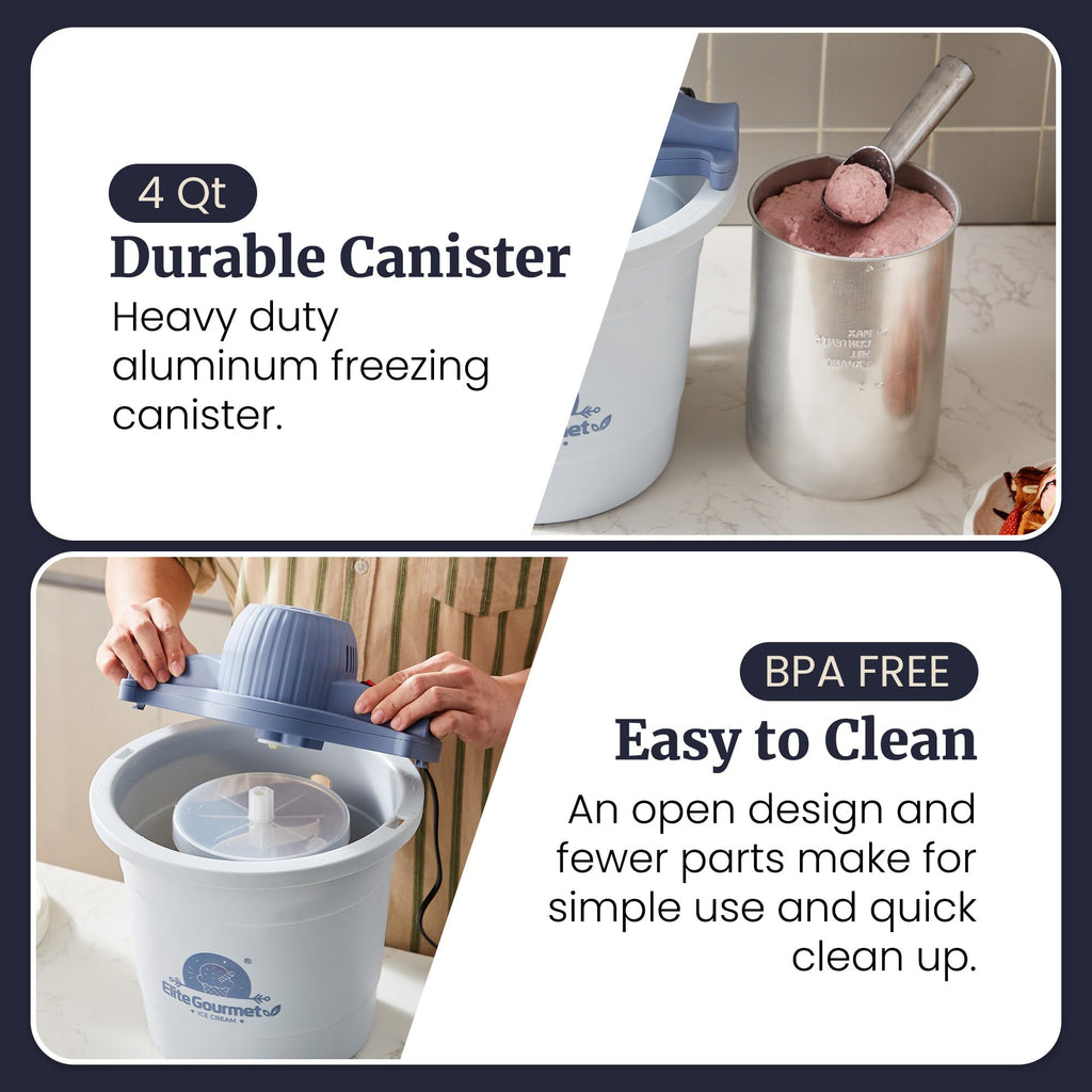 Elite Gourmet 4Qt Electric Ice Cream Maker EIM350 Delicious Homemade Ice Cream, Gelato, Sorbet, Frozen Yogurt, 4Qt Aluminum Freezing Cannister, Durable Plastic Ice Bucket, Powerful 50W, Periwinkle