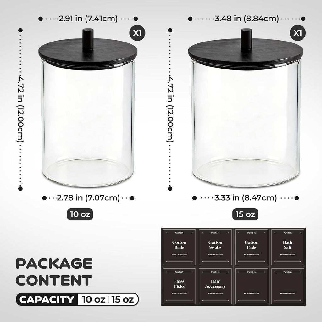 Skiennix Glass Qtip Holder Dispenser Set - 15oz & 10oz Cotton Swab Storage with Black Wooden Lids | Bathroom Organizer (2 Pack)