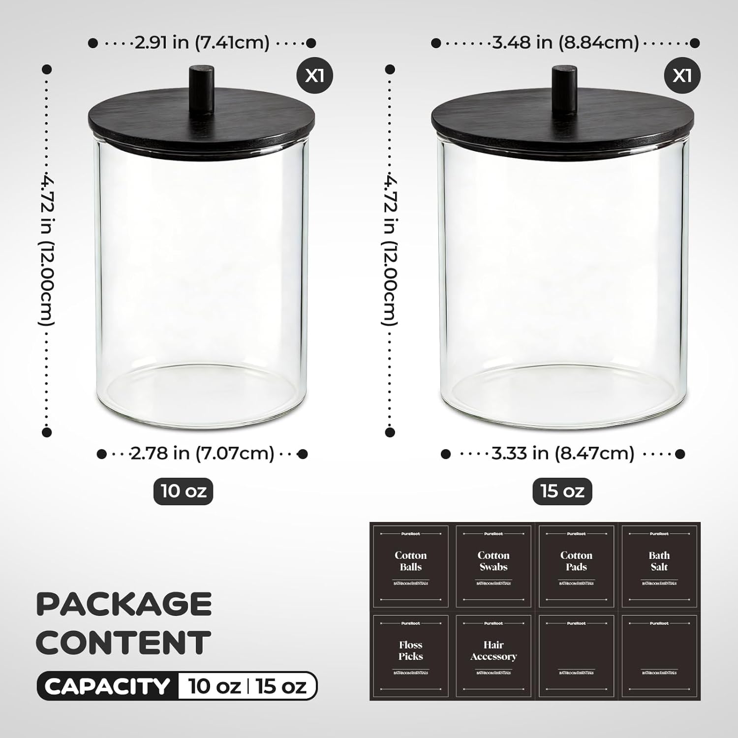 Skiennix Glass Qtip Holder Dispenser Set - 15oz & 10oz Cotton Swab Storage with Black Wooden Lids | Bathroom Organizer (2 Pack)