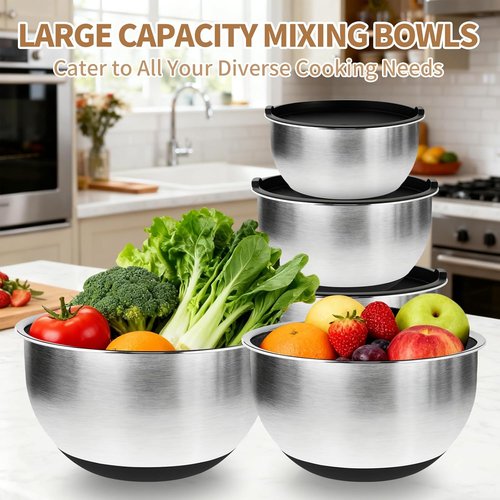 Deedro Premium Mixing Bowls Set - 22 Pcs Thicker Stainless Steel with Airtight Lids | Non-Slip Silicone Base, Black