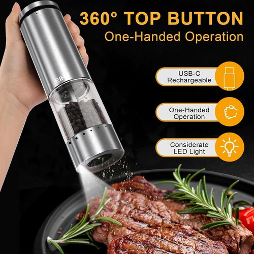 EIHO Electric Salt and Pepper Grinder Set - USB Rechargeable, Adjustable Coarseness, Stainless Steel with LED Light