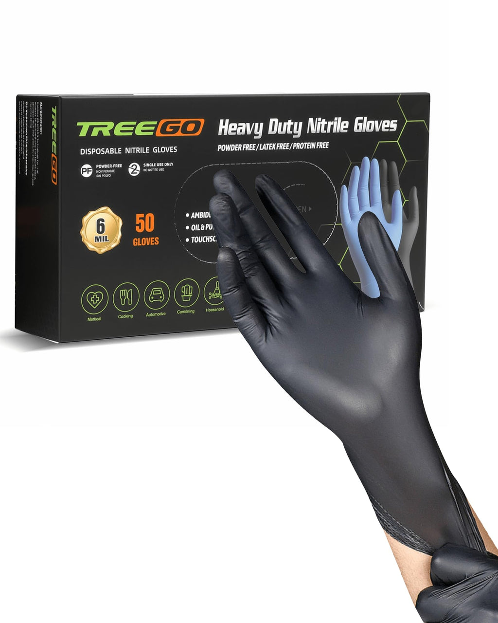 TREEGO Black Nitrile Gloves 6 Mil, Durable Disposable Latex-Free Gloves — Textured Grip Mechanic Gloves for Garage, Repair & Cleaning, XL, 50 Count
