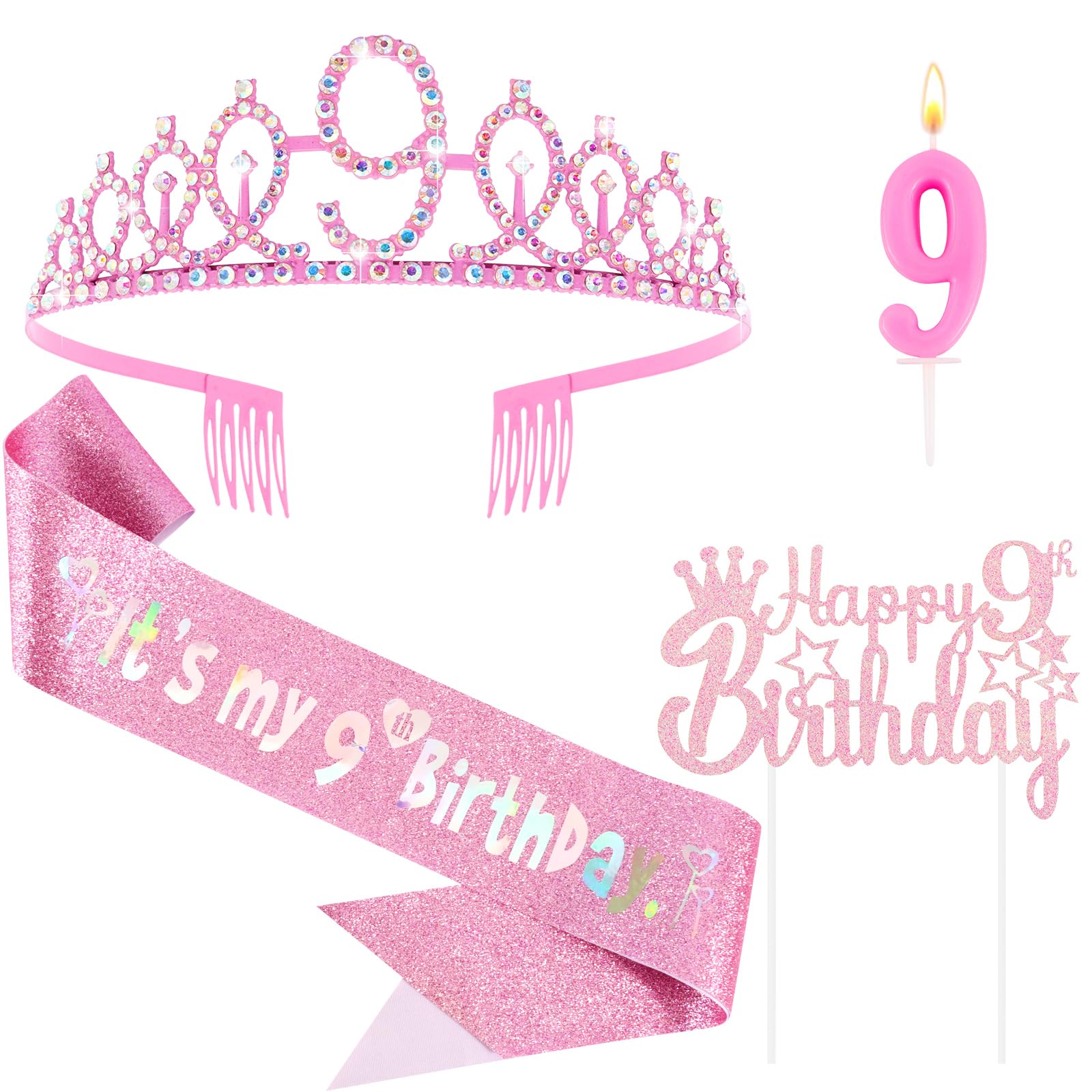 Vovii 9th Birthday Party Decorations Set for Girls- Pink Crown, Glitter Sash, Number 9 Candle & Cake Topper Kit for Birthday Celebrations Party Supplies Gift