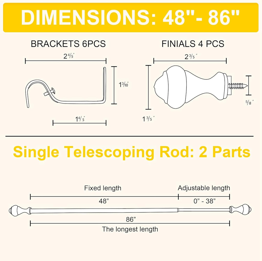NICETOWN Adjustable Curtain Rods - 2-Pack 48-86 Inch Matte Black Copper with Decorative Finials | Heavy Duty Window Drapery Poles for Indoor/Outdoor Use