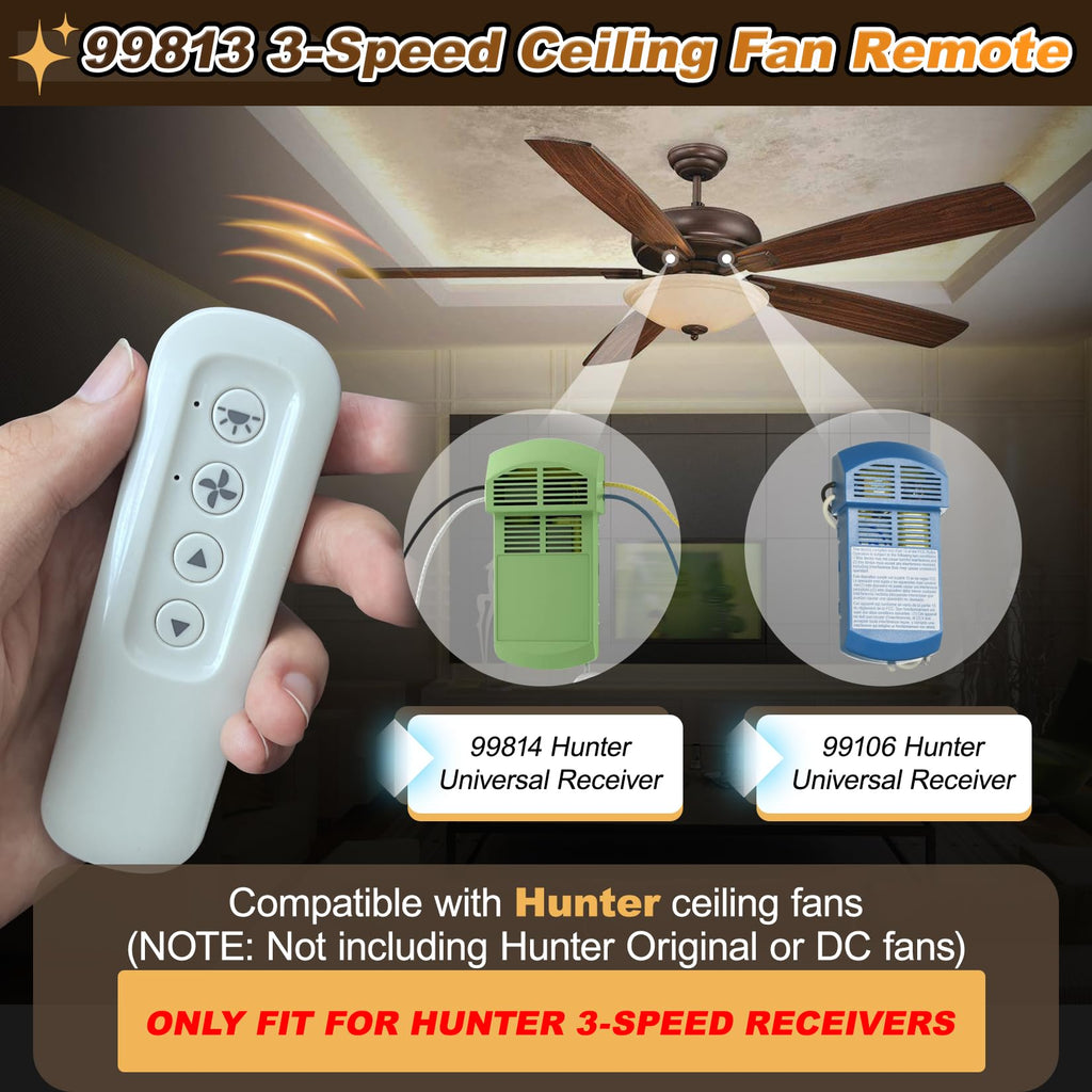 99813 for Hunter Fan Remote Replacement Only Fit for 434MHz 3-Speed 99814 and 99106 Hunter Fan Receivers, 3-Speed Ceiling Fan Hand Control, Dove Grey, Five Year Free Replacement(Holder not Included)