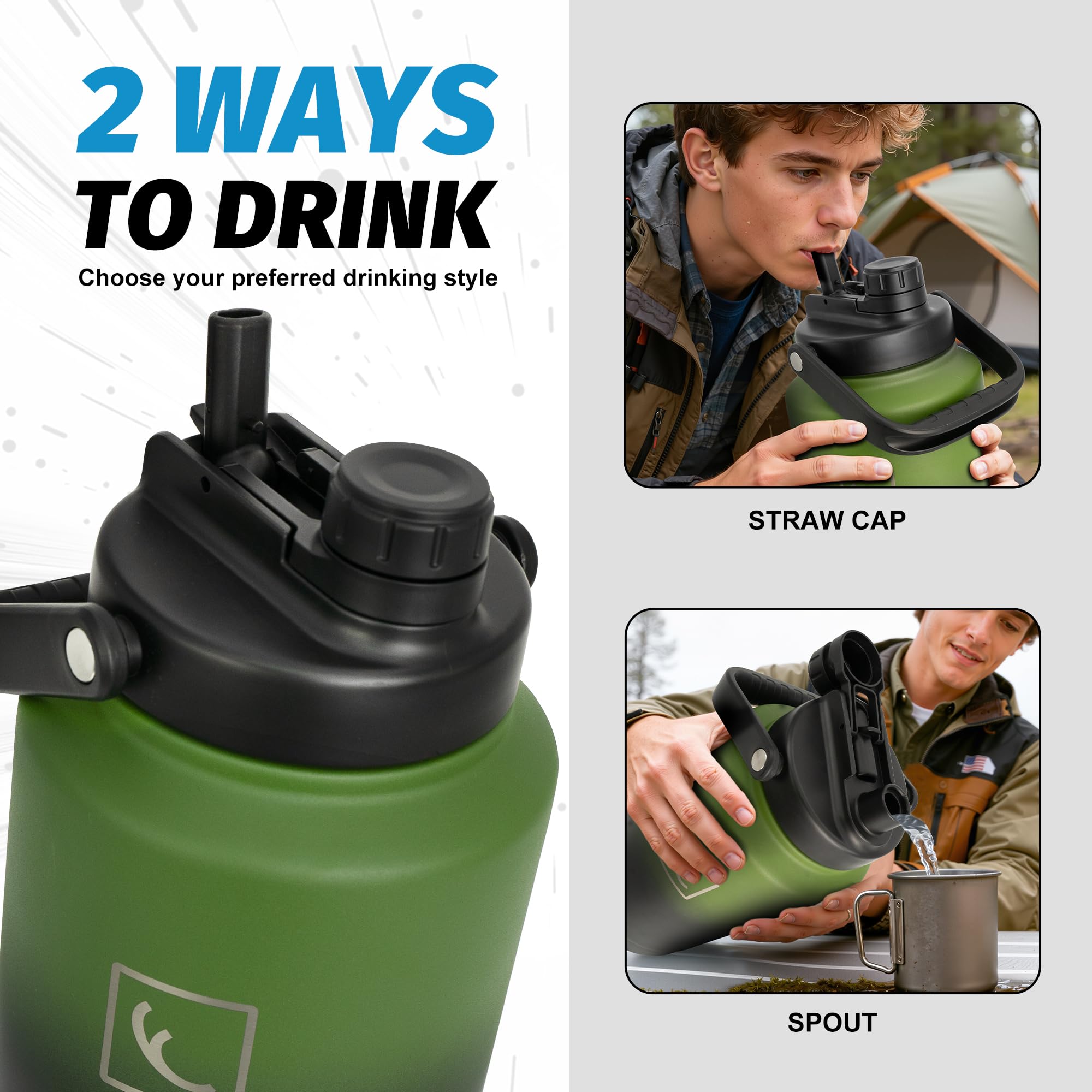 NATURE PIONEOR 1 Gallon Insulated Water Bottle - Double Vacuum Stainless Steel 128 oz Water Bottle with Holder, Wide Mouth & 2-in-1 Lid (Flip Straw & Spout), 1 Gallon Water Jug, Hiking, Camping, Gym