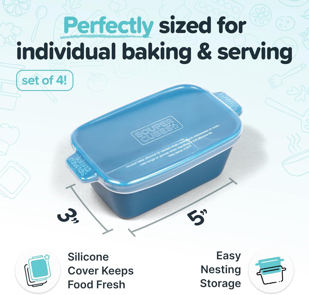 Souper Cubes Stoneware Baking Dish - Small 5" x 3" Ceramic Set of 4 with Silicone Covers | Blueberry Color