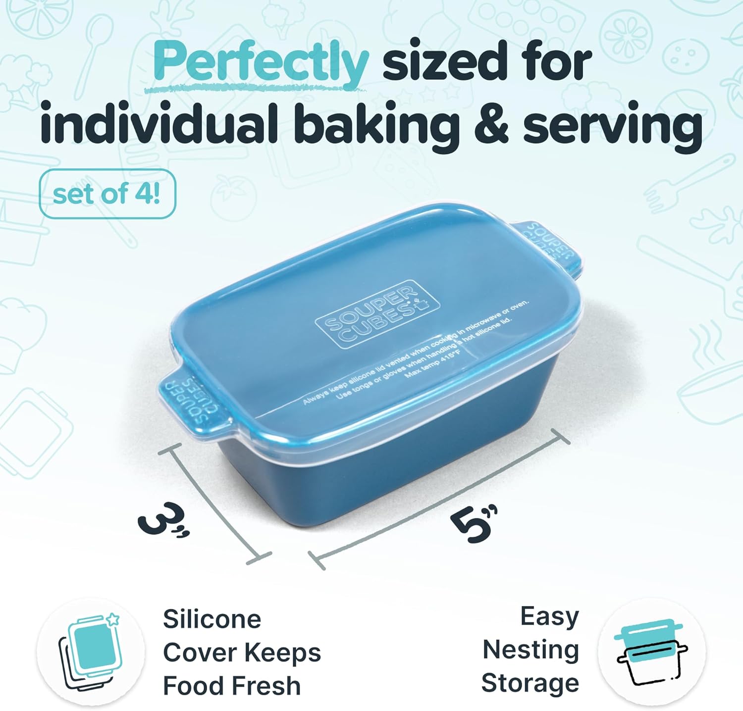 Souper Cubes Stoneware Baking Dish - Small 5" x 3" Ceramic Set of 4 with Silicone Covers | Blueberry Color