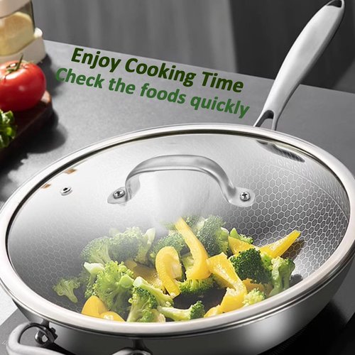 14 Inch Glass Lid For Pots, Pans and Skillets, Clear Glass Lid Replacement with Steam Vent, Stainless Steel Covers For large Frying Pan, Stock Pot, Cast, Fits Pots With Inner dia. 14.1-14.5 Inches