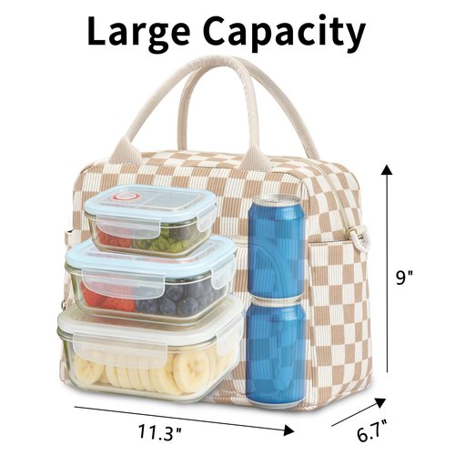 GASSDA Lunch Box for Women Insulated Lunch Bag Women Adult Cute Lunch Bags Reusable Lunchbox Cooler Tote Bag for Work Picnic (Beige-Brown Plaid)