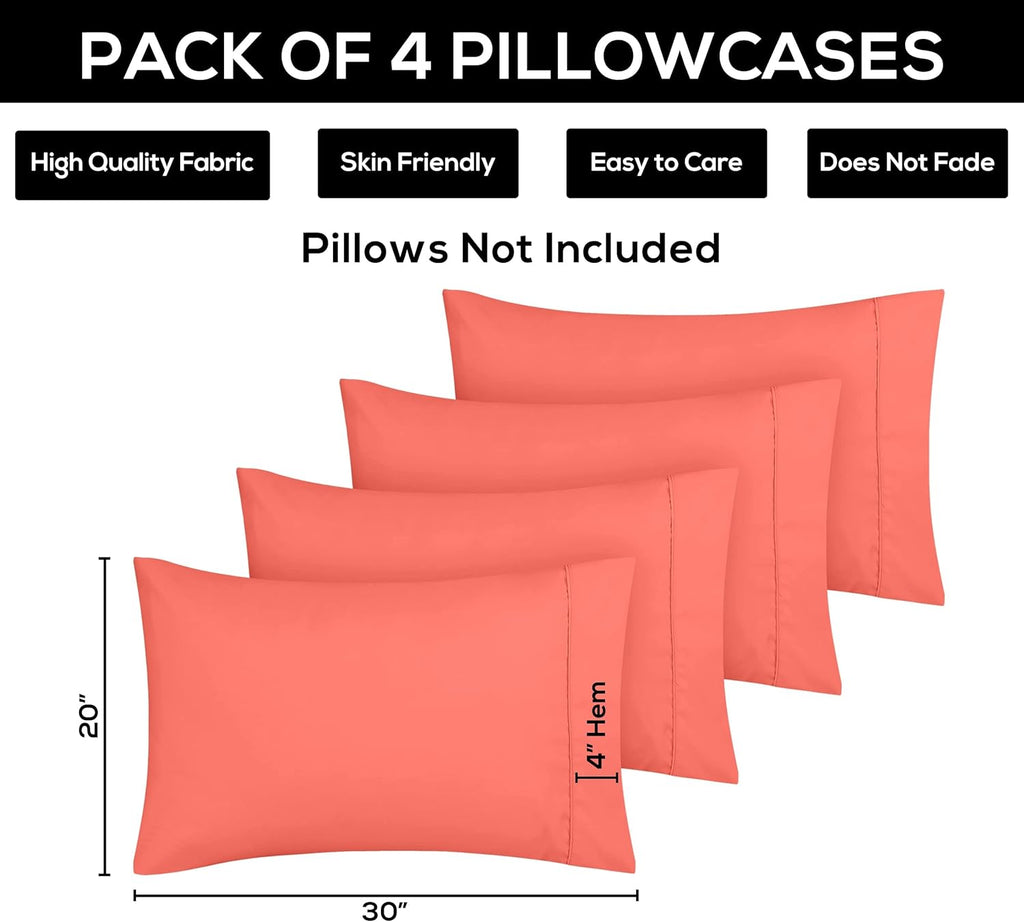 Utopia Bedding Queen Pillow Cases - 4 Pack - Soft Brushed Microfiber | Fade Resistant 20 x 30 Inches (Coral)