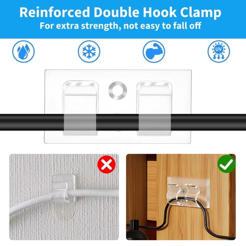 SWSEAM Hooks for Outdoor String Lights Clips: 102Pcs Heavy Duty Light Hook with Waterproof Adhesive Strips - Outside Clear Cord Holders for Hanging Christmas Lighting - Outdoors Sticky Clip (102)