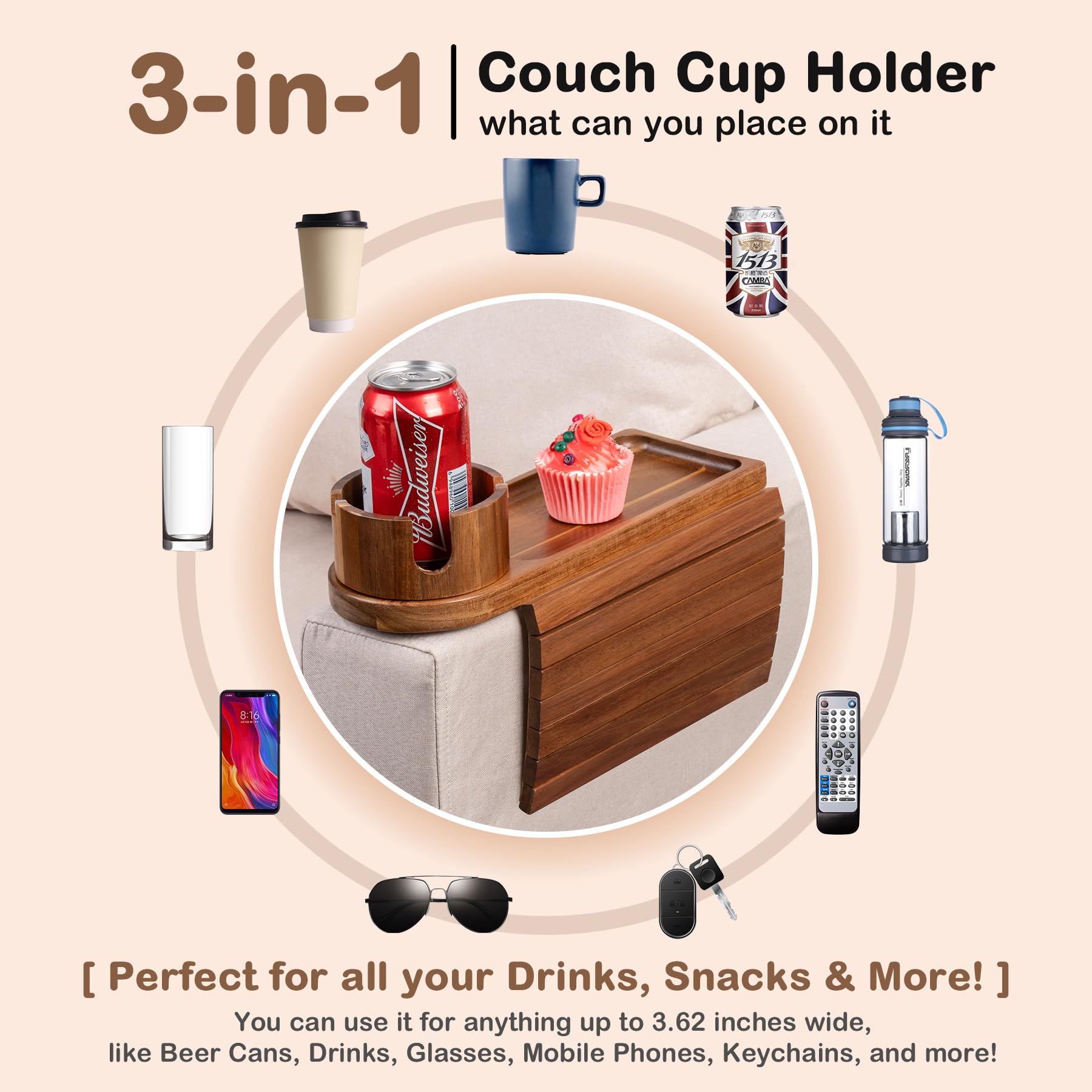 Couch Cup Holder for Armrests Over 4.9" Wide, Acacia Wood Couch Arm Tray with 360° Rotating Cup Holder, 3 in 1 Foldable Sofa Arm Tray Table for Remote, Snacks, Phone, Drinks