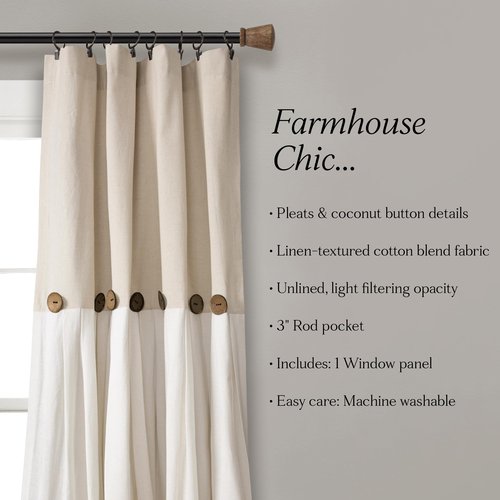 Lush Decor Linen Button Window Curtain Panel, Single, 40" W x 45" L, Linen - Country Curtains - Rustic Decor - Color Block Modern Farmhouse Curtains For Living Room, Bedroom & Dining Room