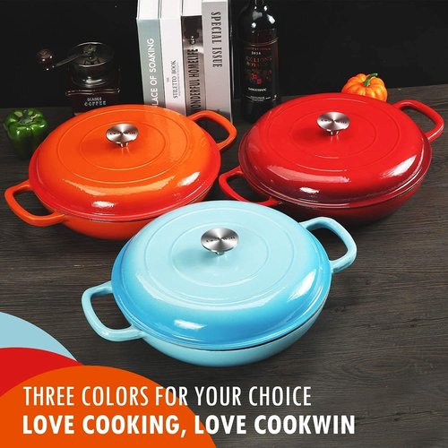 COOKWIN Cast Iron Casserole Braiser, 3.8 Quart Enameled Cast Iron Dutch Oven Pan with Lid, Heavy Duty and Dual Handles Skillet, Oven-Safe Porcelain Surface Casserole Dish, Red