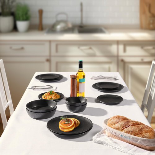Navaris Linen Artisan Stoneware Dinnerware Set (16 Pieces) - Dishwasher and Microwave Safe Plates, Bowls, Mugs in Charcoal Black