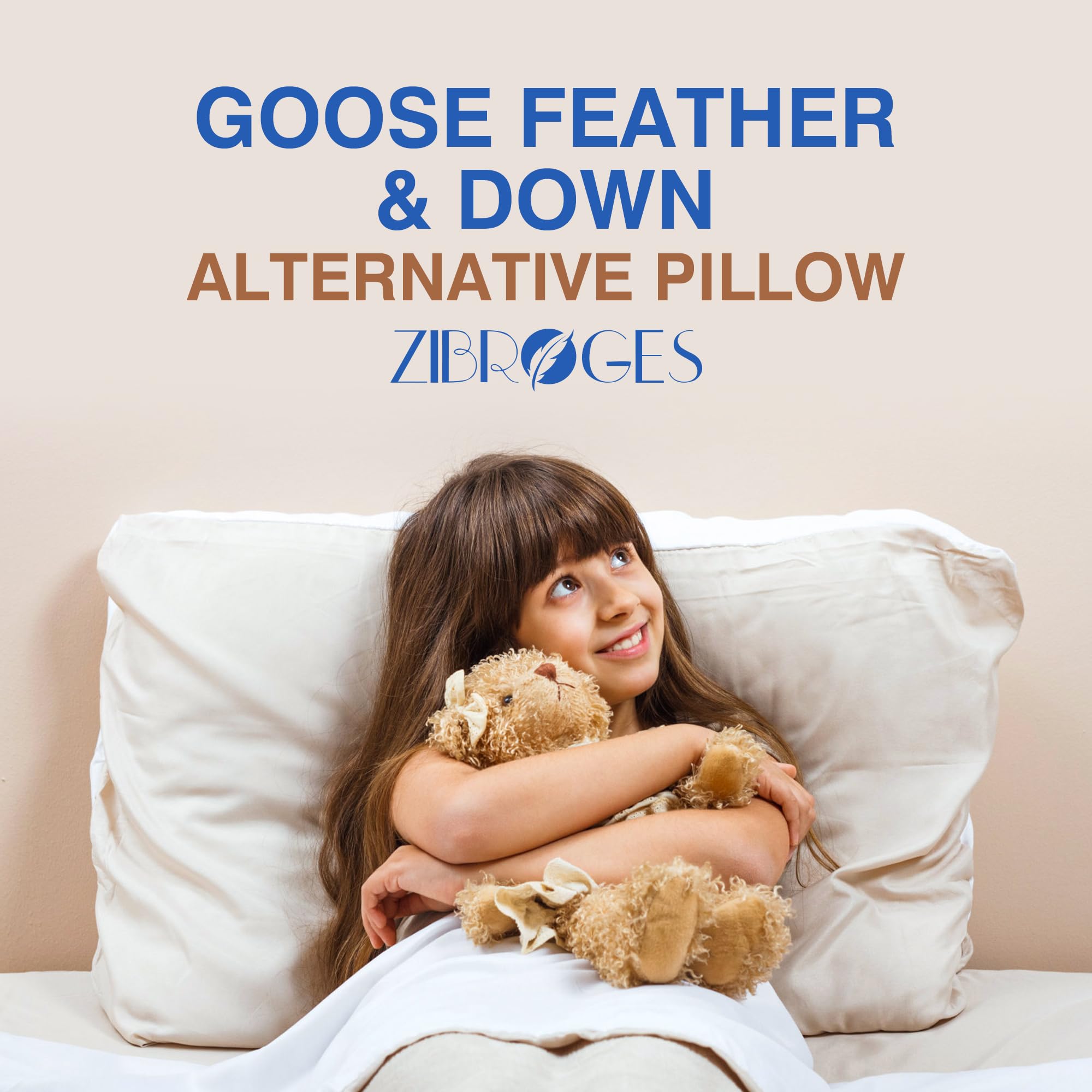 zibroges Goose Feather Pillows Queen Size Pack of 2 - Hotel Down Bed Pillow for Sleeping, Soft 600 Thread Count Cotton Cover, Fluffy Support Surround Fill Polyester for Side, Stomach, Back Sleepers