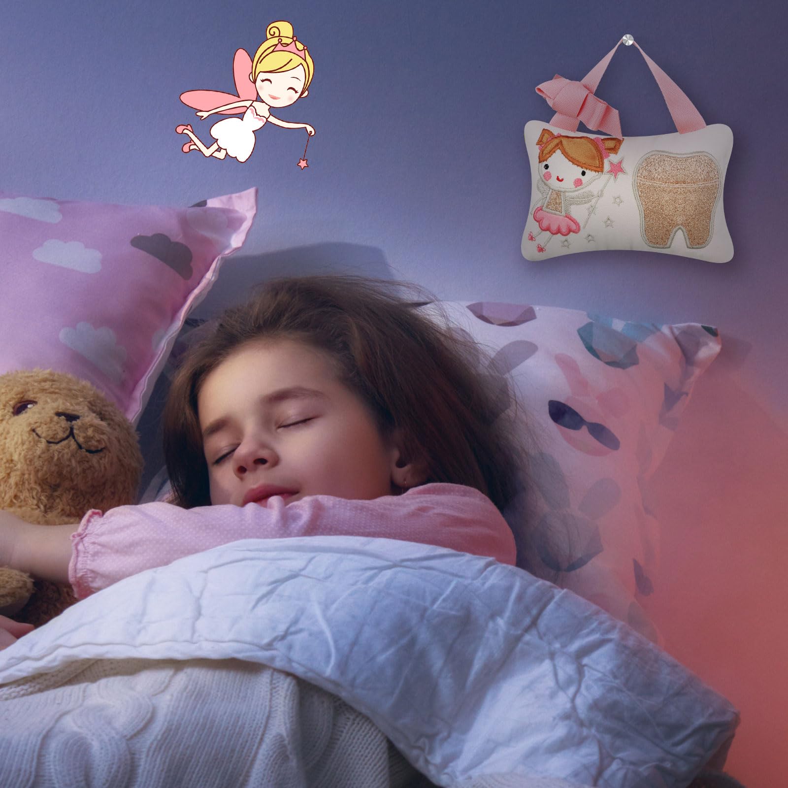 Qunclay Tooth Fairy Kits Includes 3.9 x 5.9 Inch Cute Tooth Fairy Pillow Wooden Keepsake Box Container and 20 Warm Letters(Pink,Girl Style)