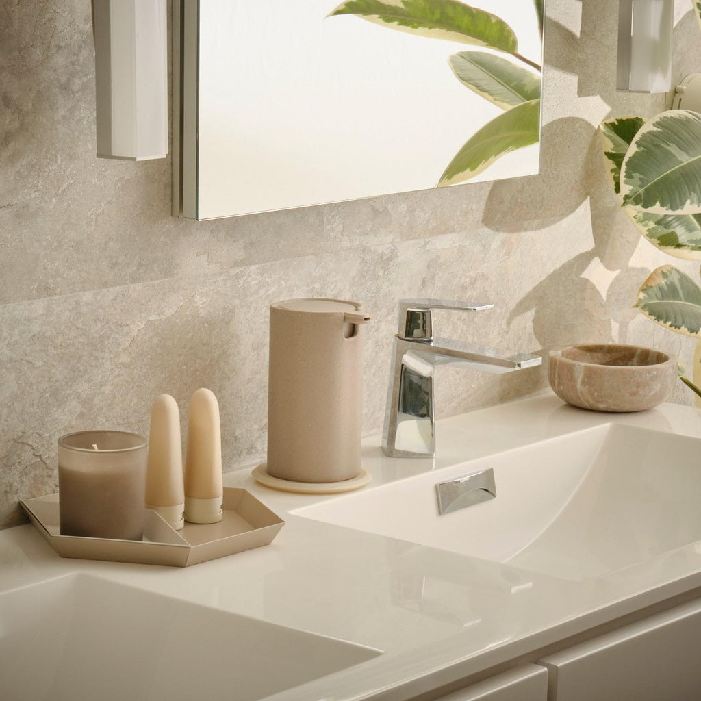 LINE+ARC Modern Easy-to-Press Soap Dispenser (Stone). No-Rust Cute Bathroom Beige Marble Kitchen Sink Ergonomic Liquid Lotion Shampoo Conditioner