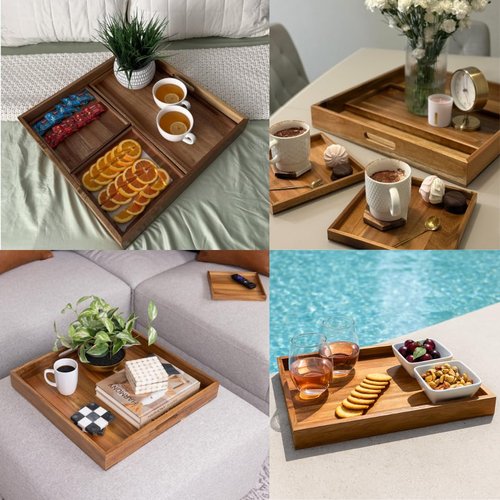 20 inch Large Square Ottoman Tray. 4 Trays in 1. Premium Acacia Wood Serving Tray for Living Room, Ottoman, Kitchen or as a Coffee Table Tray. Serving Tray for Breakfast in Bed, Appetizers or Parties