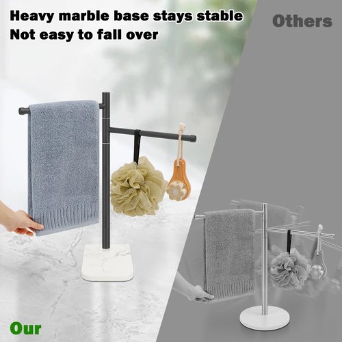Winmien Standing Hand Towel Holder, Hand Towel Stand with Marble Base, 304 Stainless Steel Towel Rack with 2 Swivel Arm, Countertop Stand Towel Ring Towel Bar for Bathroom (Matte Black)