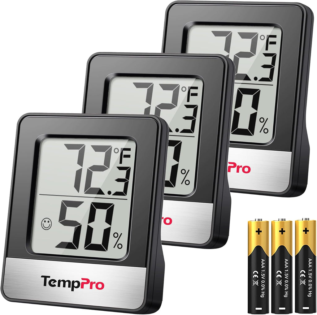 TempPro Digital Hygrometer | 3-Piece Indoor Thermometer & Humidity Meter - Accurate Room Monitoring, Black