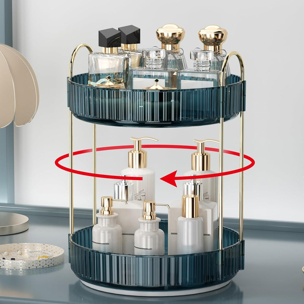 Skiennix 360 Rotating Makeup Organizer - High-Capacity Vanity & Bathroom Countertop Holder (2 Tiers, Blue)