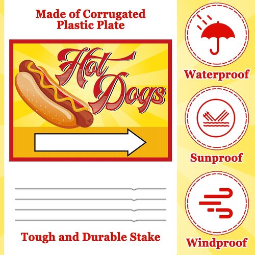 Blulu Hot Dog Yard Sign - 12 x 16'' Double-Sided Yellow Sign with Steel Stakes for Outdoor Events