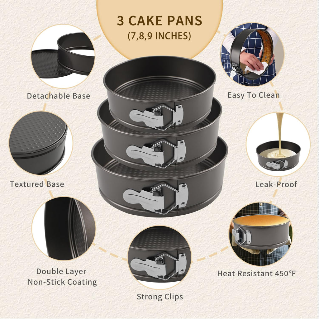 Yumatouch 122PCs Cake Pan Sets for Baking, 7/8/9 Inch Round Cake Pans, Nonstick Springform Cake Pans, Cheesecake Baking Pans with 100 Pcs Piping Bags, 16 Pcs Nozzles, 3 Pcs Scrappers