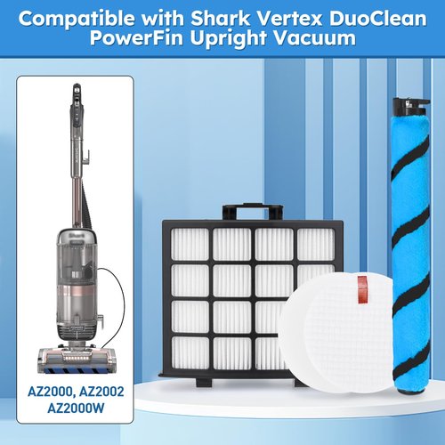 Attemart AZ2002 Filter Replacement for Shark Vertex DuoClean PowerFins AZ2000 AZ2002 UV2500 AZ2000W AZ2001AMZ Upright Vacuum, Part #1483FC2000 XHFAZ2000 XFFKAZ2000, 1 Brushroll, 2 + 6 Filters