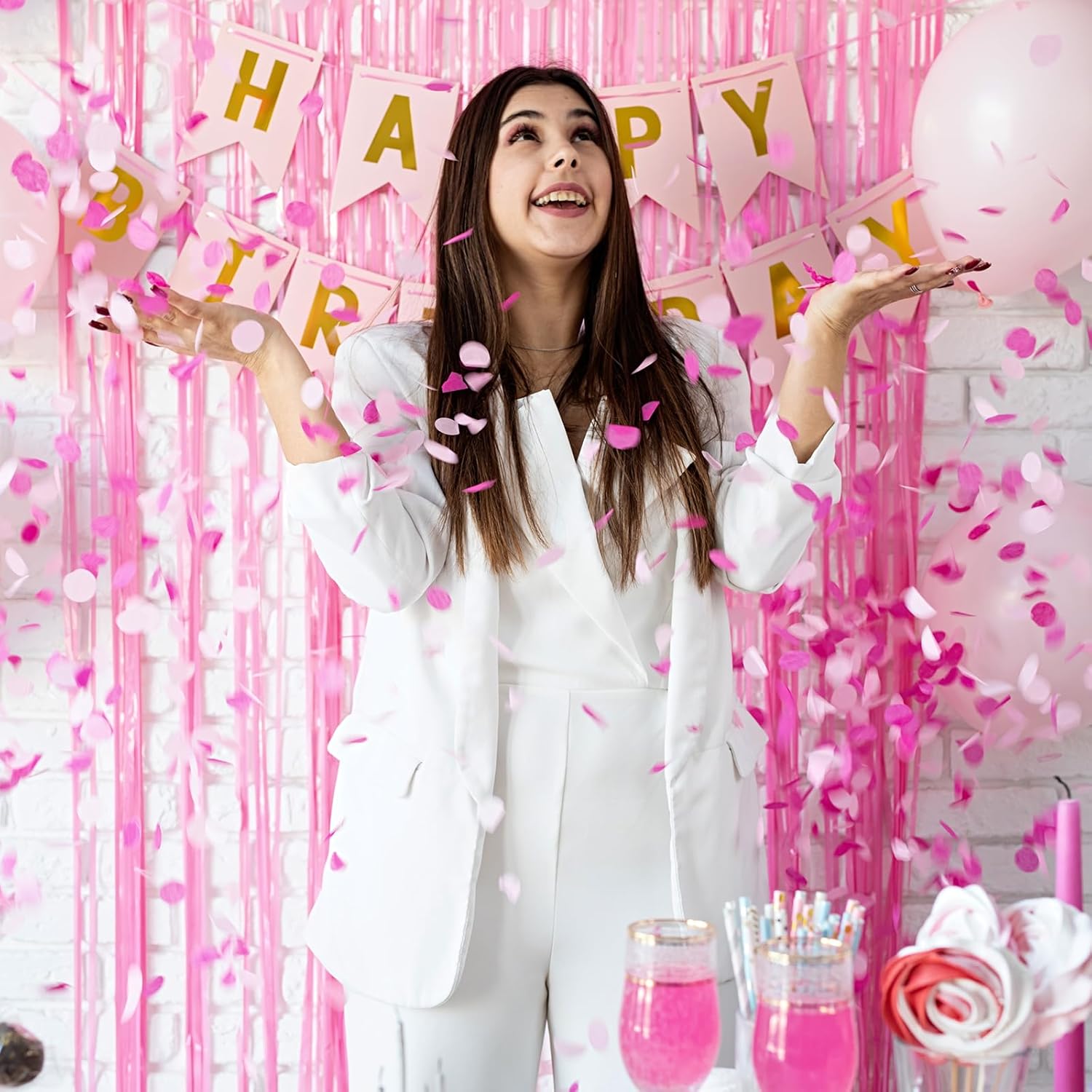 Skiennix Pastel Pink Birthday Party Backdrop - Foil Fringe Curtain 3.3x8.2ft | 2 Pack Streamers for Baby Showers & Bachelorette Celebrations