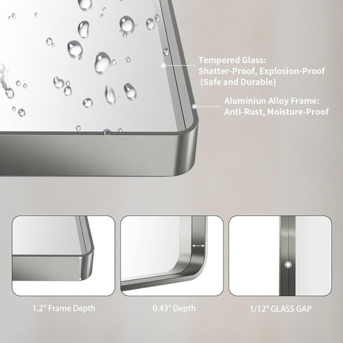 LOAAO Brushed Nickel Bathroom Mirror - 40X24 Inch Rounded Rectangle Design | Anti-Rust, Versatile Hanging Options