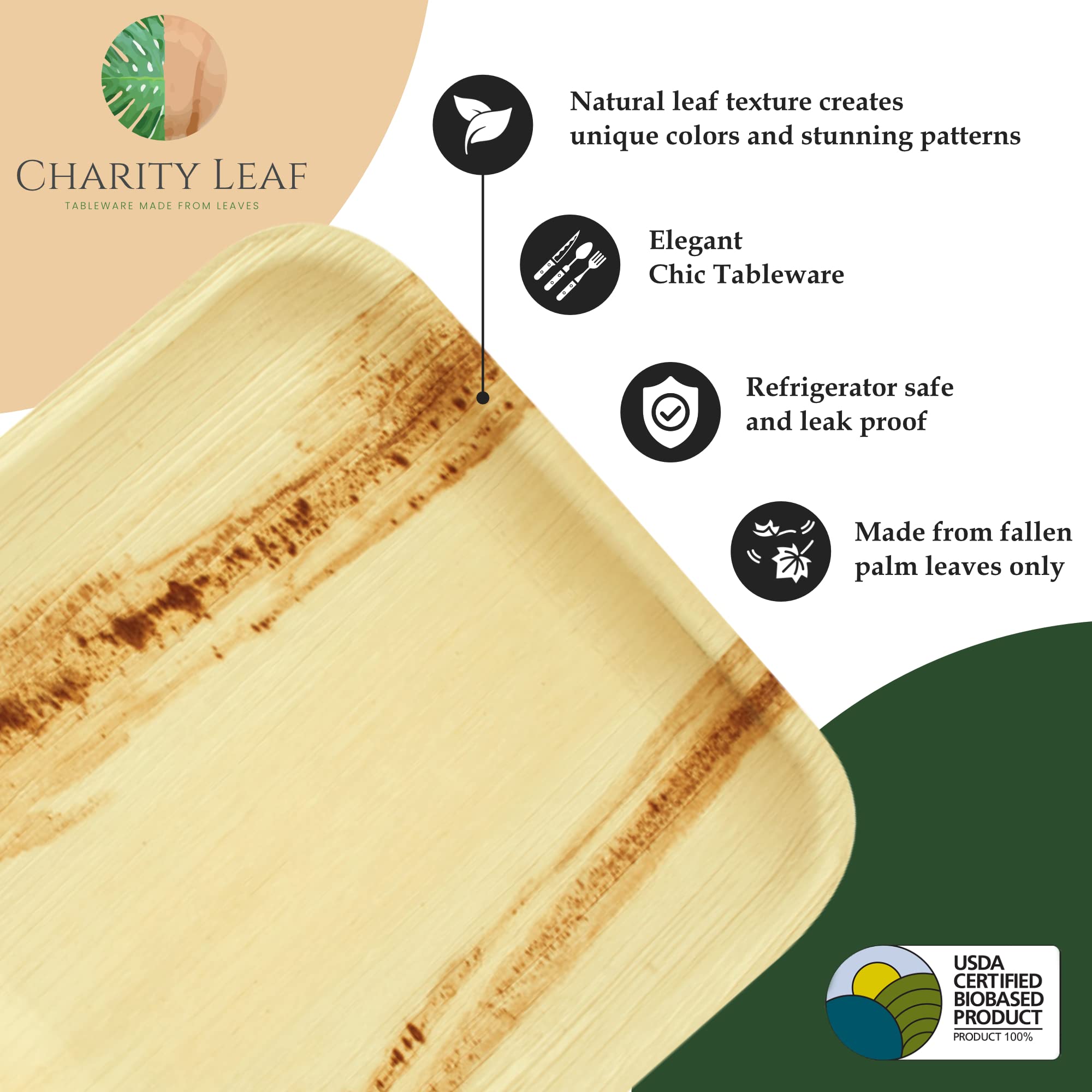 Charity Leaf Disposable Palm Leaf 14" x 10" Trays (25 Pieces) Bamboo Like Serving Platters, Disposable Boards, Eco-Friendly Dinnerware for Weddings, Catering, Events