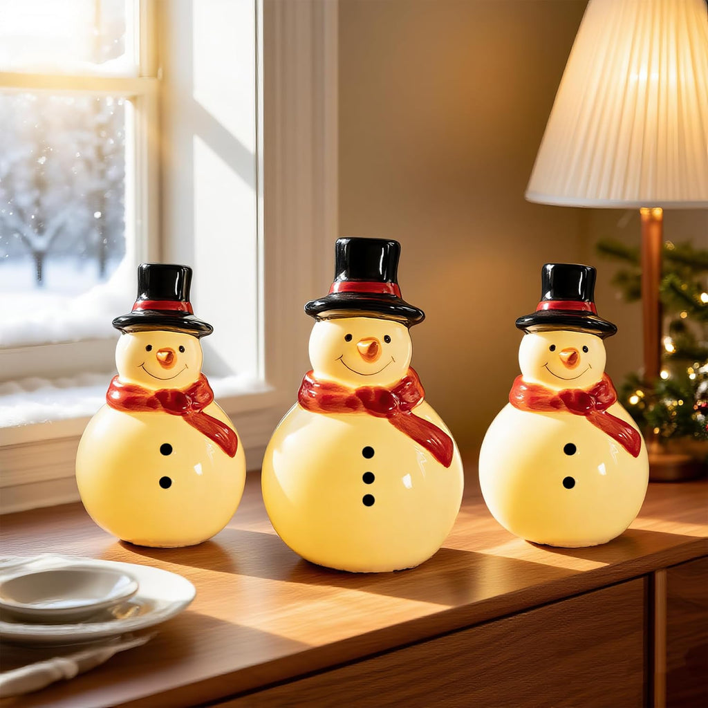 Nerosun Christmas Snowman Figurines - 3 Pack LED Lighted Ceramic Tabletop Ornaments for Winter Decor