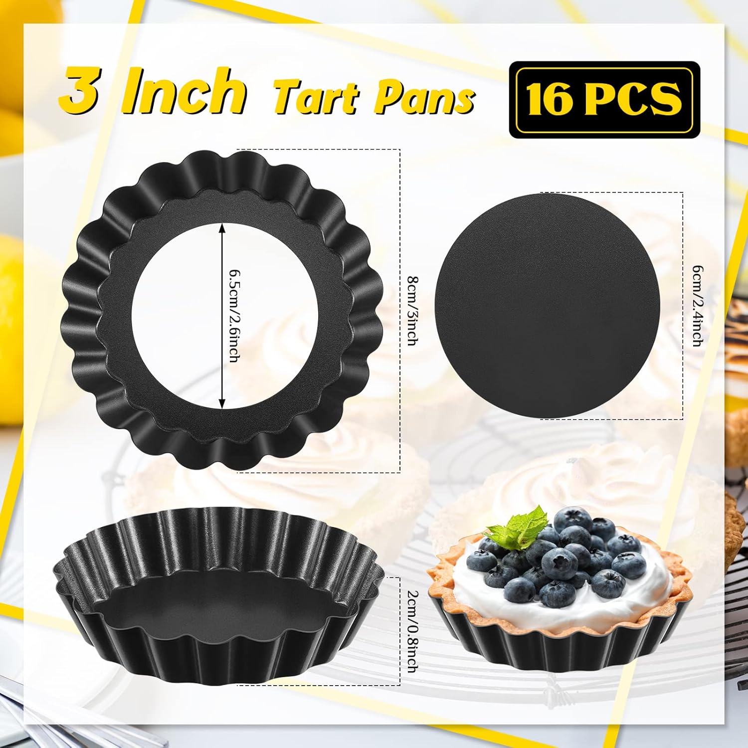 Tessco Mini Tart Pans - 16-Piece Nonstick Bakeware Set with Removable Bottoms | 3-Inch Fluted Design