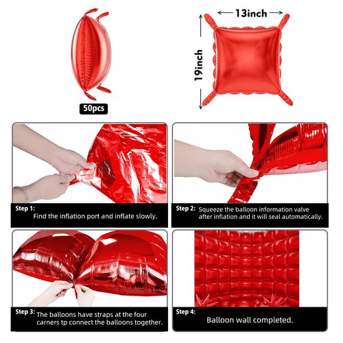 HKYOOD 36pcs Red Square Foil Balloons Wall Backdrop with 79pcs Balloon Garland Arch Kit, Double Sided Balloons for Birthday Bridal Shower Anniversary New Year Valentine's Day Prom Party Decorations