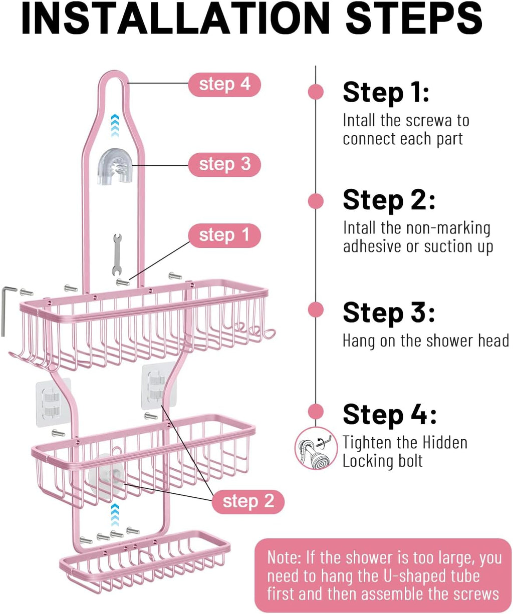 Skiennix Pink Shower Caddy - Rustproof Hanging Organizer with Soap Basket & Hooks | Large 3-Tier Design