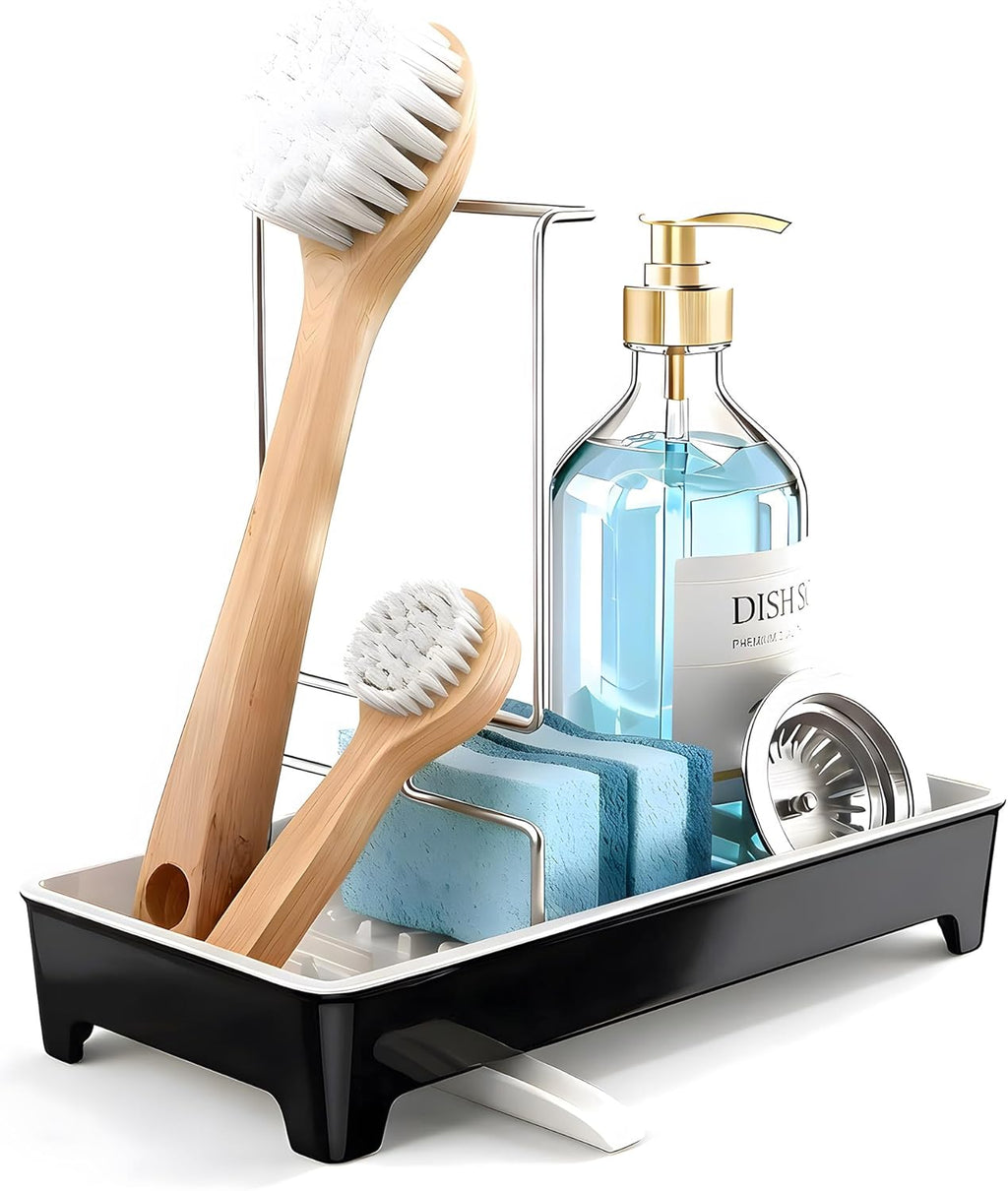 Minimalist Sink Caddy - Rustproof Kitchen Sponge Holder with 304 Stainless Steel Brush Rack | Large Black Design