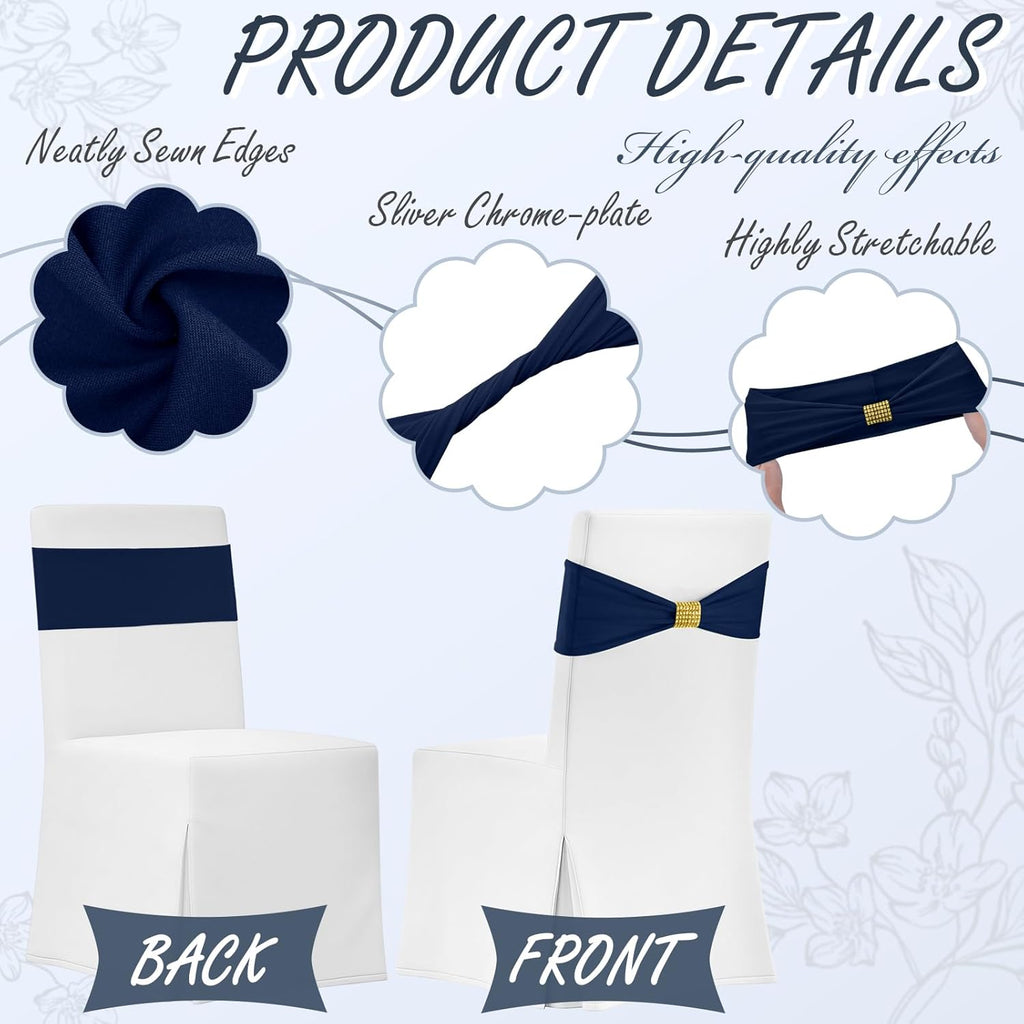 Moukeren Spandex Chair Sashes - 50 Pcs Stretch Covers with Slider Buckles | Navy Blue for Weddings & Events