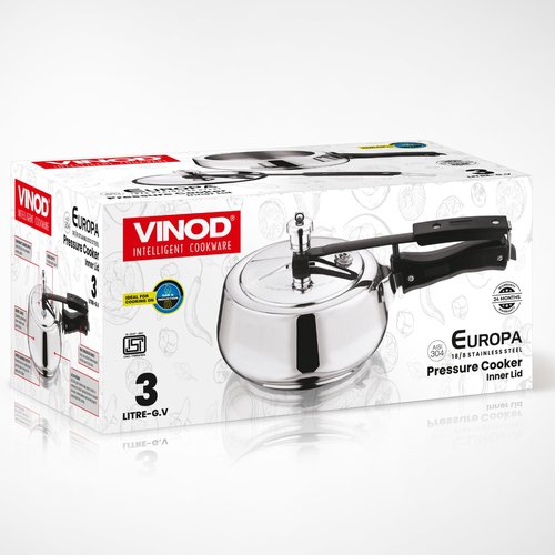 Vinod Europa Stainless Steel Inner Lid Pressure Cooker - 3 Litre | Handi Shape | Sandwich Bottom Cooker | Induction and Gas Base | ISI and CE certified
