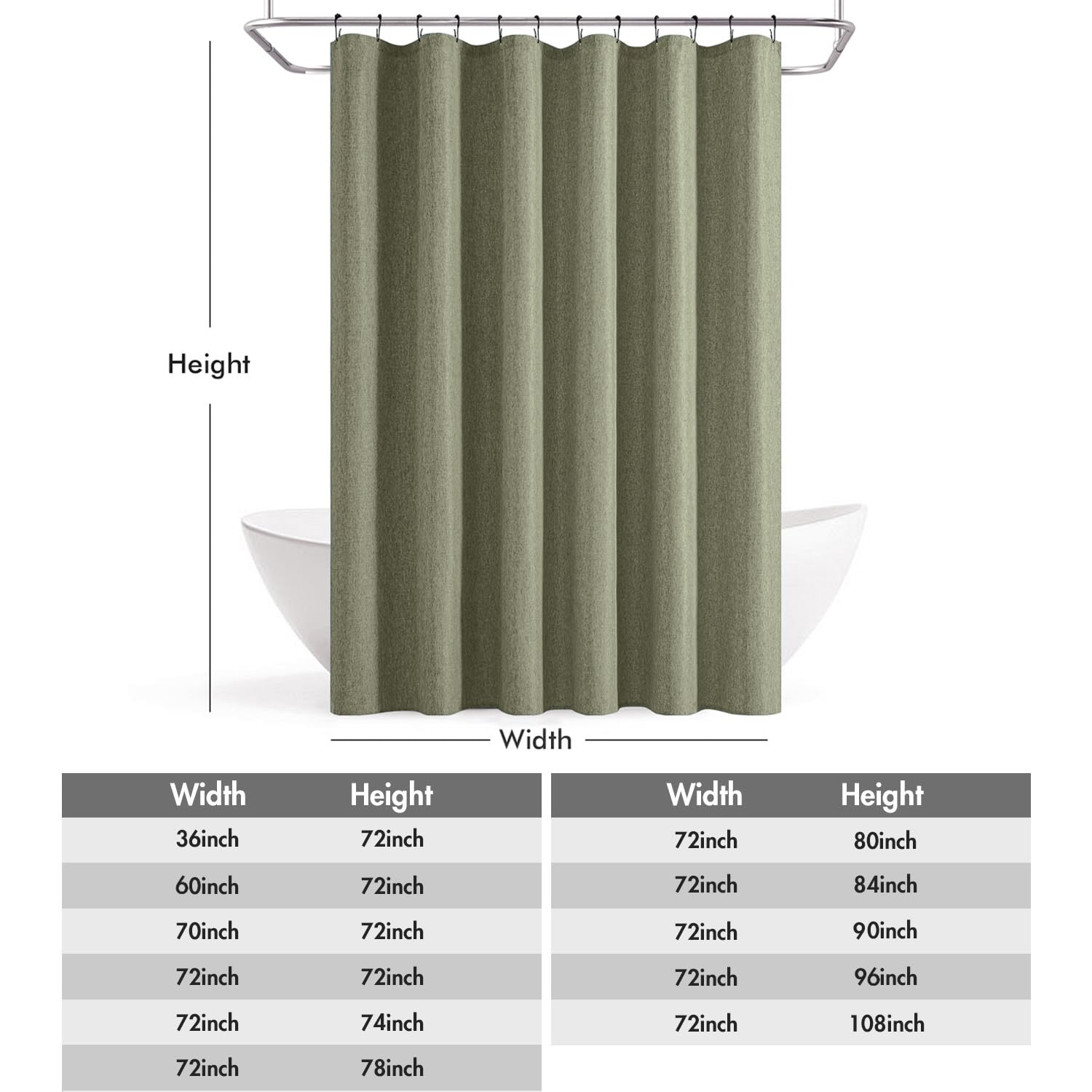 ANRODUO Olive Green Linen Textured Fabric Shower Curtain Set - 72"x72" with 12 Rust Resistant Durable Metal Hooks, Waterproof & Heavy Duty Polyester, Button Hole Design, Machine Washable for Bathroom