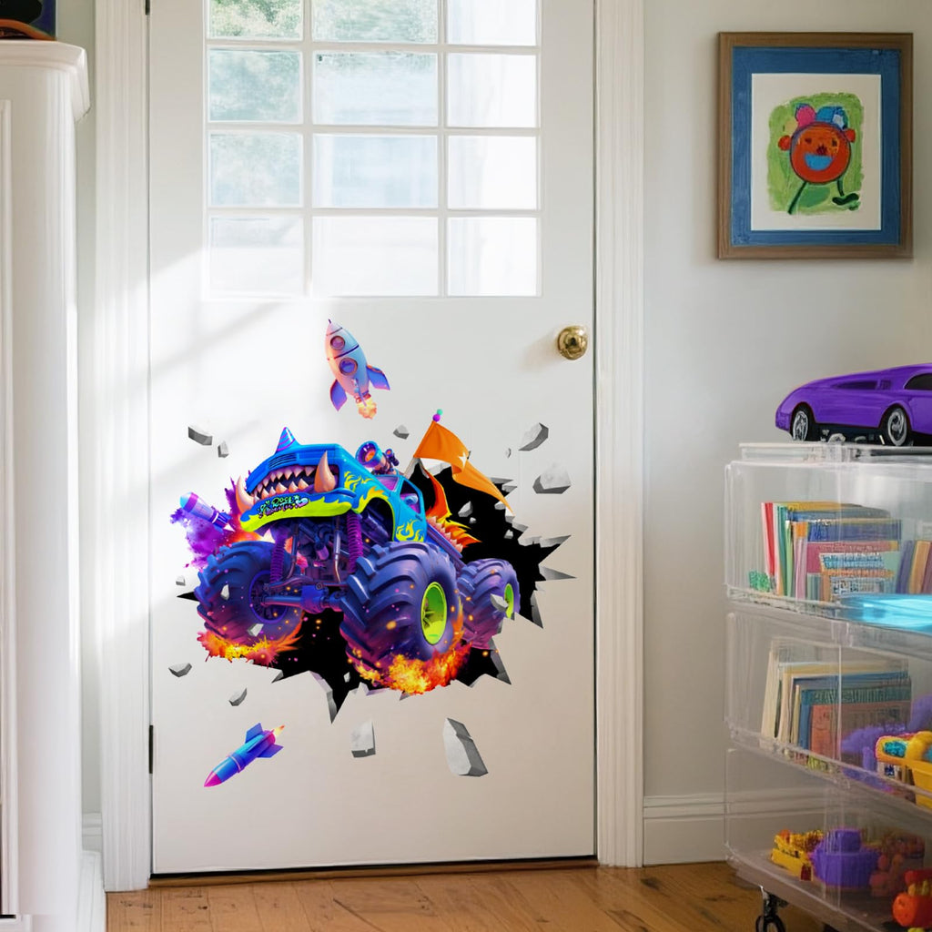 Supzone Monster Truck Wall Decals for Boys, 3D Racing Car Break Through The Wall Vinyl Wall Sticker for Kids Bedroom Nursery Playroom Classroom