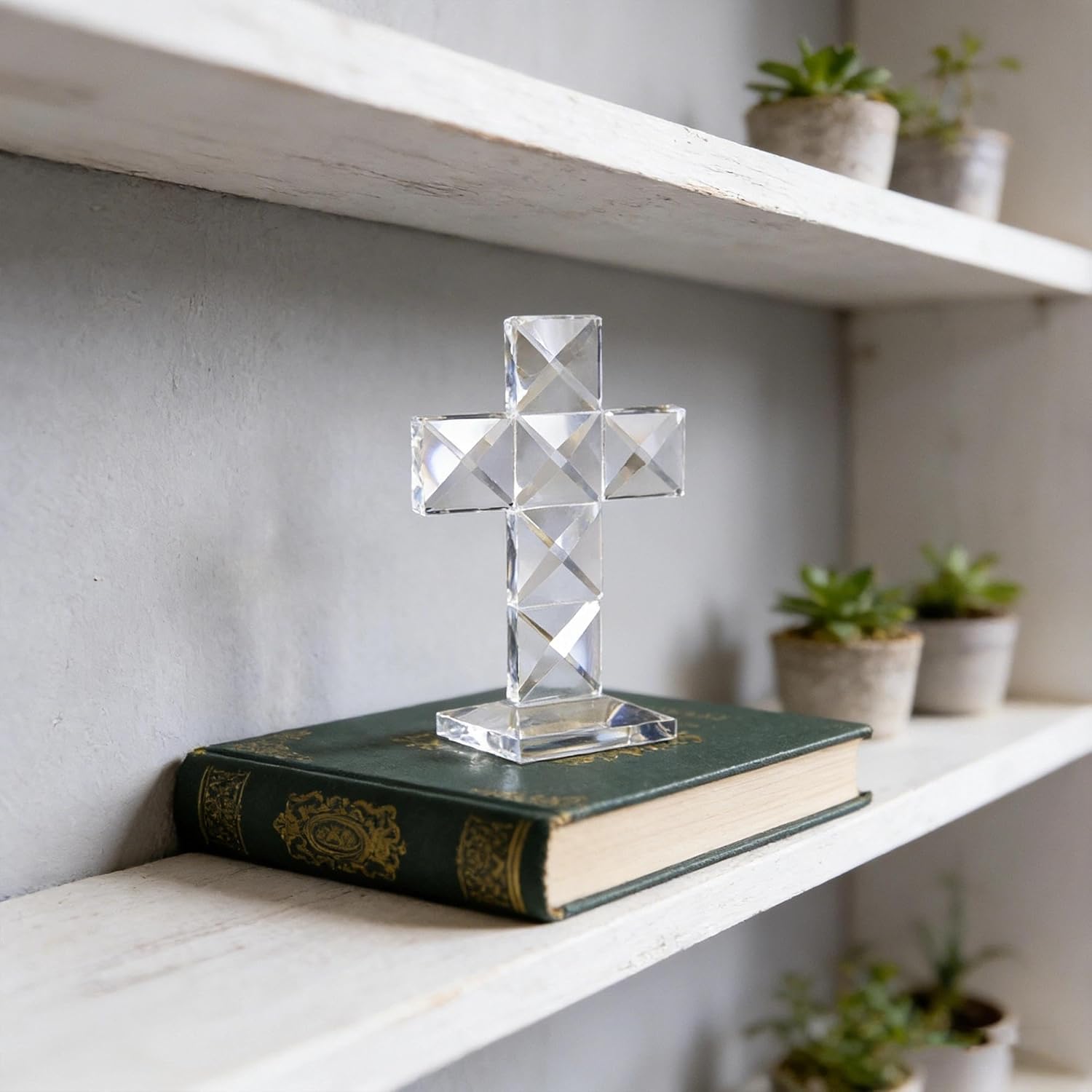 QFkris Crystal Standing Cross | Clear 5'' Tall Glass Figurine - Elegant Christian Tabletop Decor