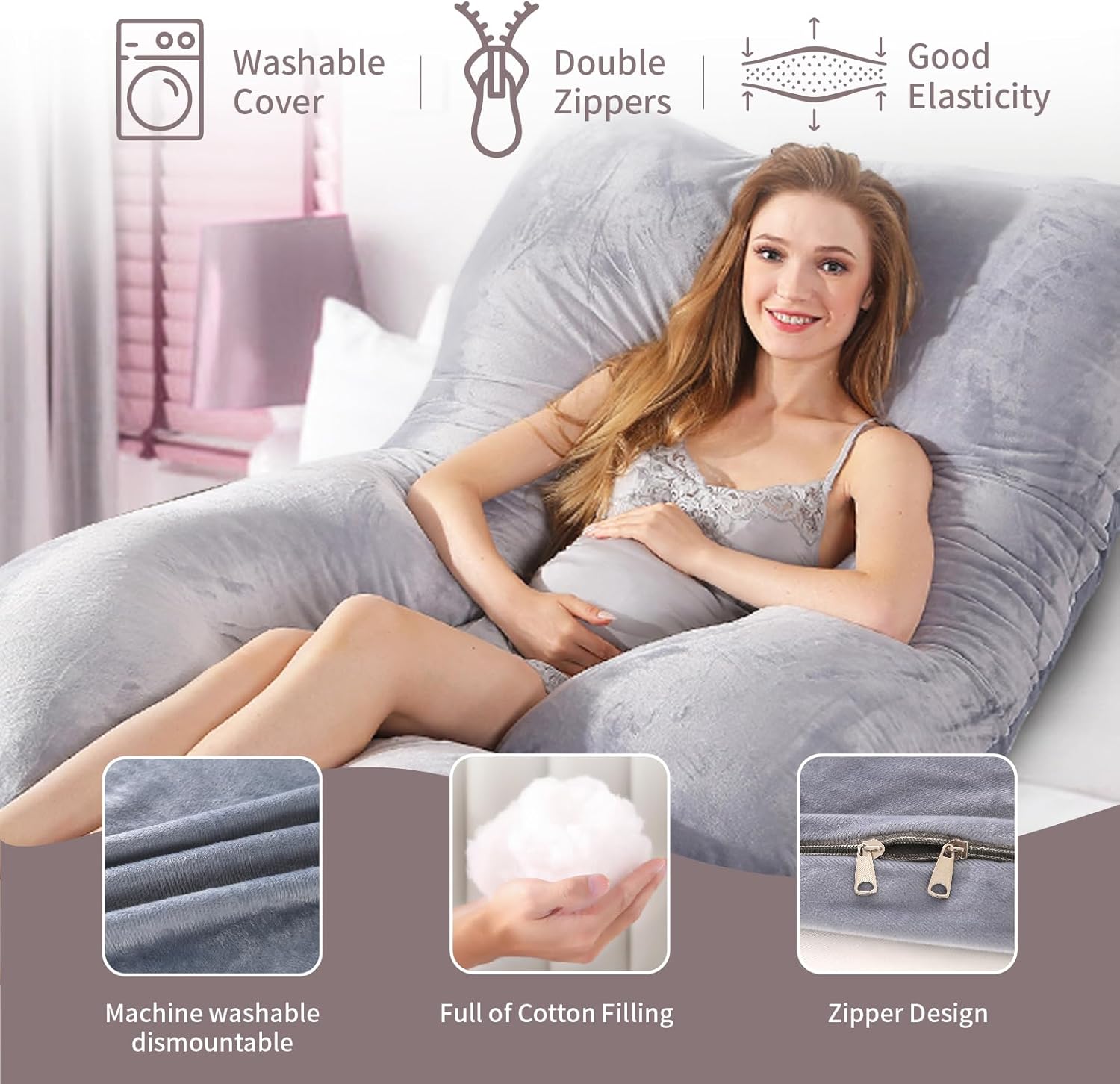 Skiennix 60-Inch U-Shaped Pregnancy Pillow - Cooling Full Body Support with Removable Velvet Cover | Grey