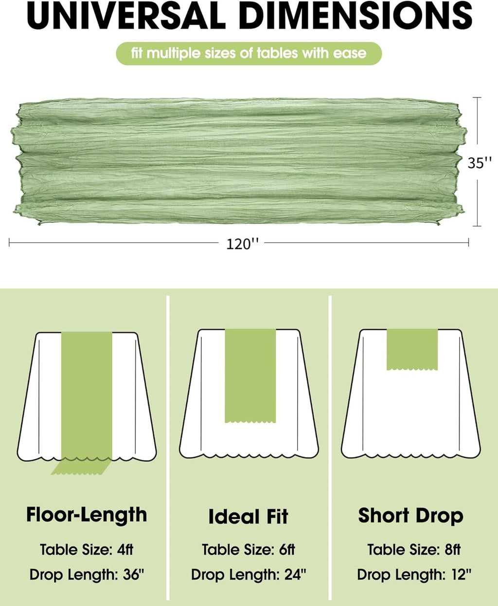 Pureegg Disposable Table Cloth Set - 10 Waterproof Tablecloths (54"x108") & 2 Cheesecloth Runners (35"x120") | Elegant White & Sage for Parties, Picnics, Weddings